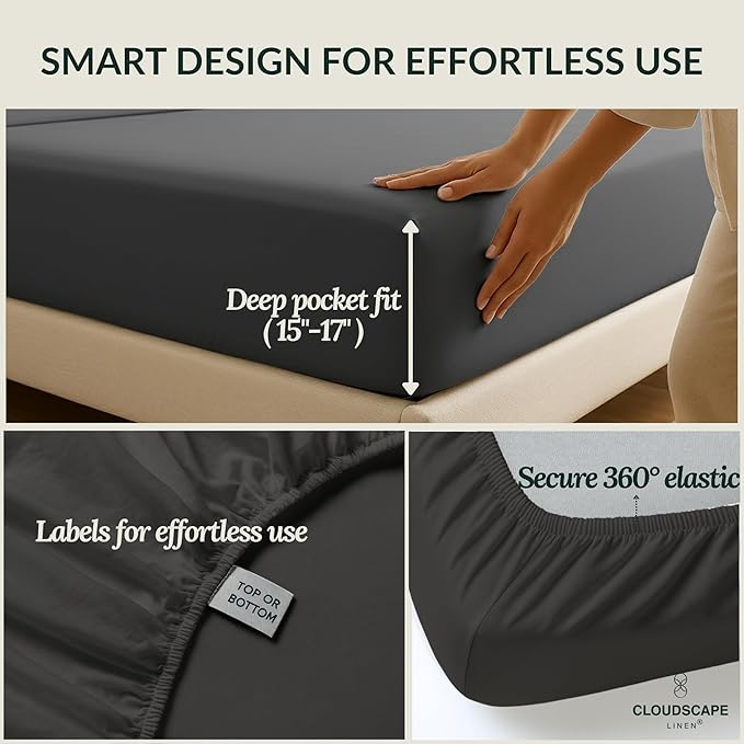 Cloud Scape Linen 100% Egyptian Cotton Sheets Twin Size, 3 Pieces Luxury Bedding Set, 400 Thread Count,Hotel Quality, Silky Soft, Breathable and Durable, Deep Pockets up to 15, Charcoal