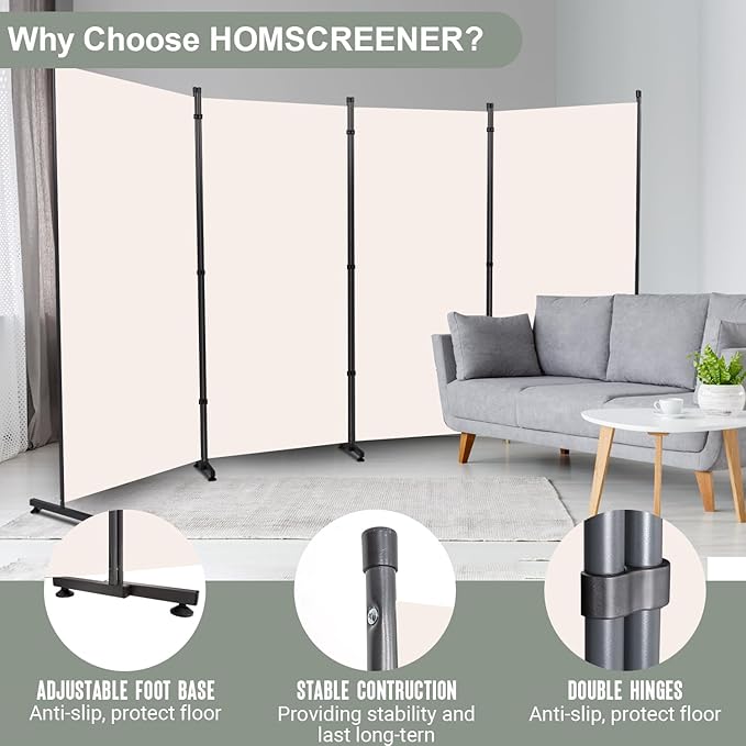 Room Divider Folding Privacy Screens with Wheels, 6FT Tall Divider for Room Separation, Movable Room Partitons and Dividers, Indoor Room Dividers Panel with Fabric (Beige, 4 Panel-136‘’-Round Pad)