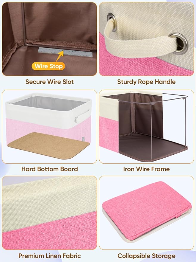 BALEINE 4 Pack Fabric Storage Bins for Shelves, Linen Storage Baskets for Organizing, Decorative Closet Bins for Clothes, Home (Pink, 14''x10''x8.5')