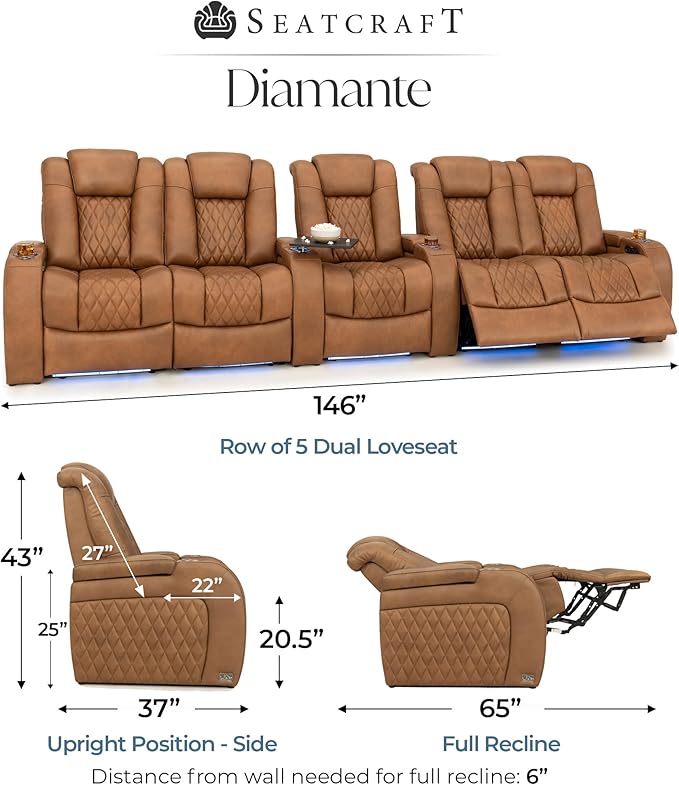 Seatcraft Diamante Zero-Gravity CoolZero Italian Leather Home Theater Seating, Power Headrest, Power Recline, Row of 5 Dual Loveseats, Tawny