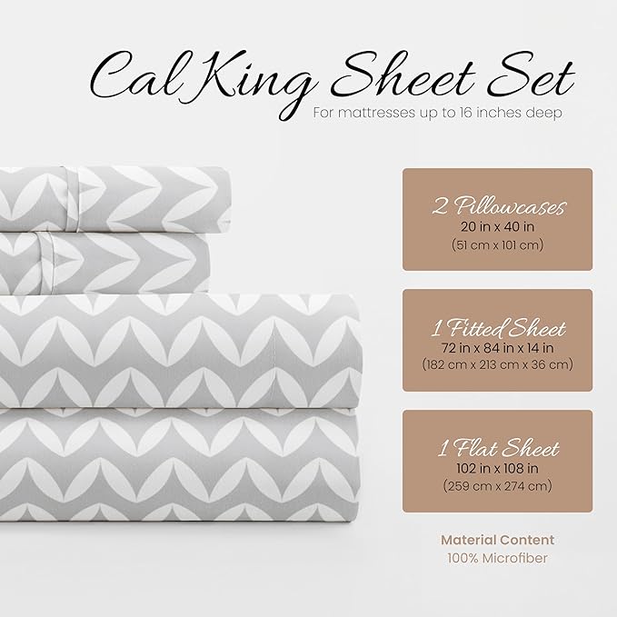 Linen Market Double-Brushed Patterned Microfiber California King Sheet Set 4 Piece – Oeko-TEX Certified Ultra Soft & Wrinkle-Free - 16" Deep Pocket Sheets Easy Care Cal-King Size - Chevron Light Gray