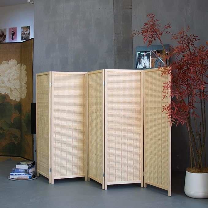 5 Panel Short Room Divider Screen,Beige Freestanding Partition,Small Bamboo Panel Divider for Room Seperation,3.95 FT Tall