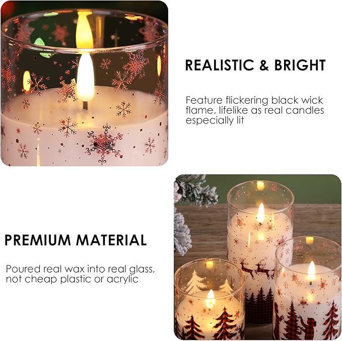 Eywamage Christmas Flameless Pillar Candles with Remote, Red Buffalo Plaid Table Decor, Flickering LED Pillar Candles Set of 3