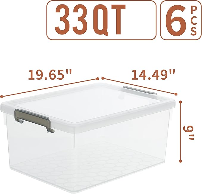 Citylife 33 QT 6 Packs Plastic Storage Bins with Lids and Secure Latching Buckles Clear Stackable Storage Containers for Organizing Durable Storage Box