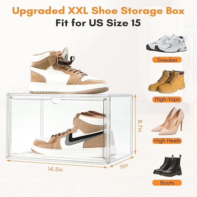 5 PACK XXL Shoe Storage Boxes Clear Stackable Acrylic Shoe Organizer for Closet Fit for US 15