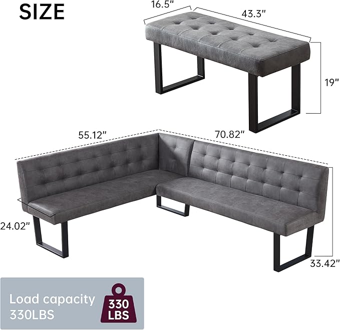 Modern L-Shaped Dining Bench, Vintage Fabric Upholstered Corner Sofa with Metal Legs for Kitchen Nook, Living Room, Dining Room (Right Seat)