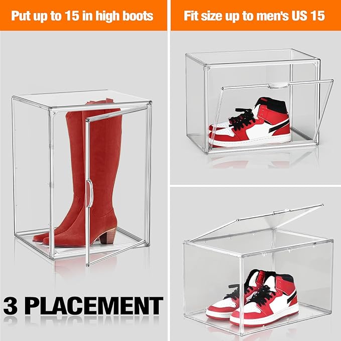 XX-Large Acrylic Display Case 11.4'' x 9.8'' x 15.3'', Boot Boxes for Tall Boots Size 15, Large Sneaker Shoe Box Clear Stackable Storage Boxes for Collectibles Handbag Organizer with Magnetic Lids