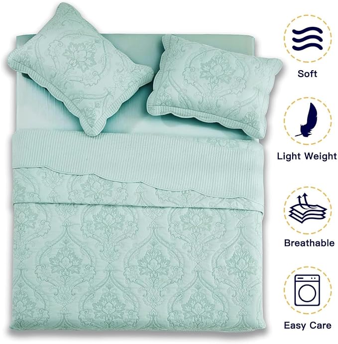 CHIXIN Bedspread Coverlet Quilt Set Full Size - Lightweight Bedding Cover - Beautiful Stitching - 5 Piece Reversible Bedspread - Gorgeous Damask Paisley Pattern (Full, Seaglass)