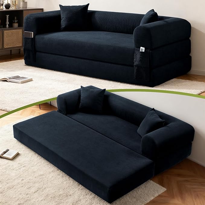 Convertible Sofa Bed,80" Folding Sleeper Sofa Bed Queen with Pillows & Storage,Corduroy Pull Out Couch Boneless Couches for Living Room,Compressed Couch in a Box,Deep Blue