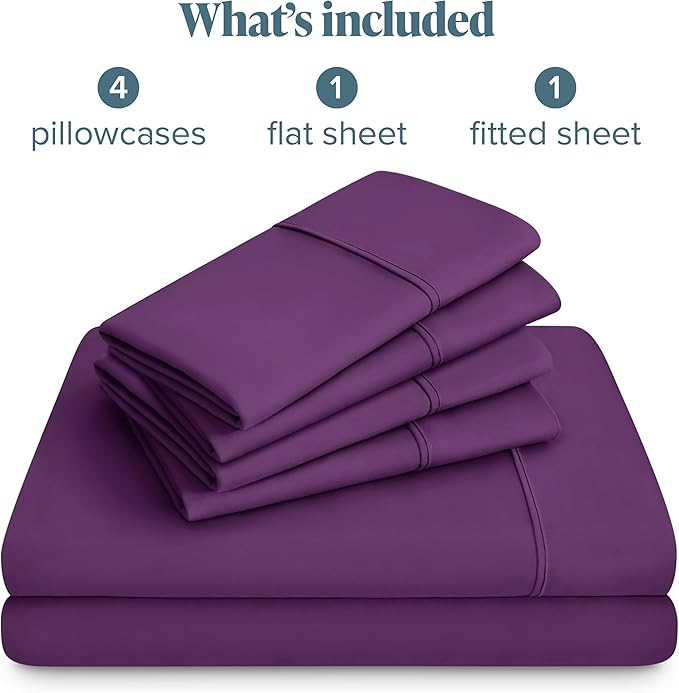 Bare Home Hotel Luxury Queen Sheet Set, Extra Soft - 6 Piece Set - Deep Pockets - Easy Fit - Cooling & Breathable - Wrinkle, Fade, Stain Resistant - Includes 4 Pillowcases (Queen, Plum)