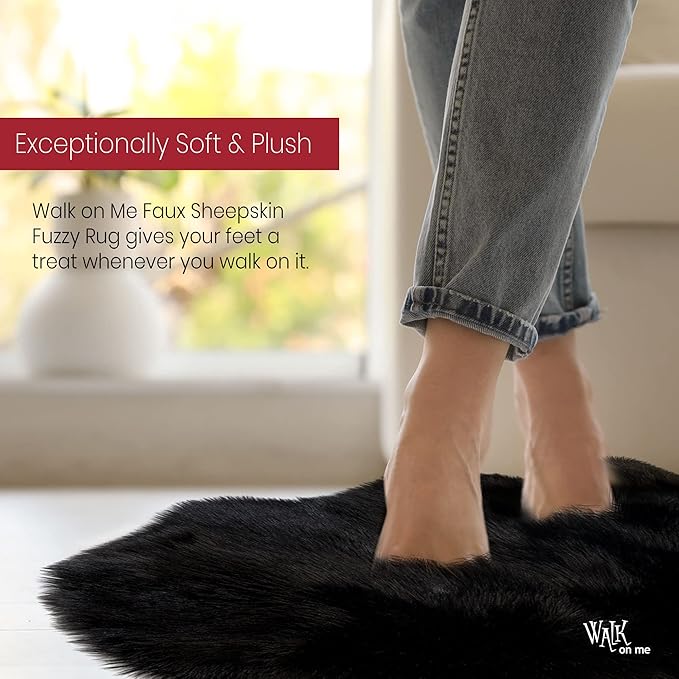 Silky Soft Faux Fur Rug, 2 ft. x 6 ft. Black Fluffy and Shaggy Sheepskin Area Carpet for Living Rooms, Bedroom, Kid's Room, or Nursery, Home Décor Accent, Machine Washable with Non-Slip Backing