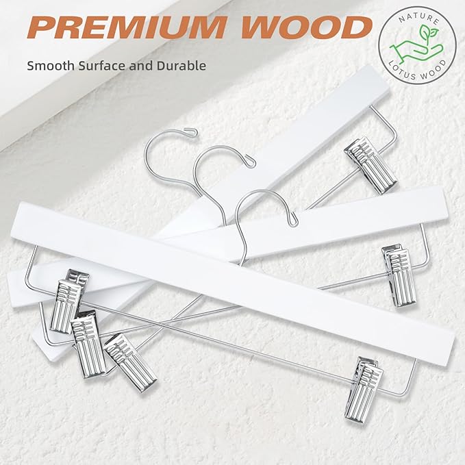 BAGAIL 10 Pack Wooden Pants Hangers with Adjustable Clips, 360°Swivel Hook Space Saving Skirt Holders with Anti-Rust Clips for Trousers, Jeans, Shorts (White)
