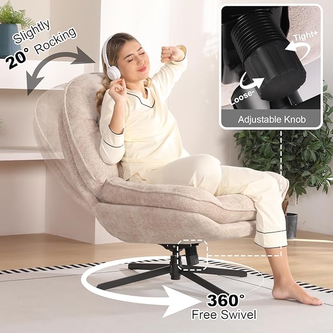 1 Pack 360°Free Swivel Accent Chair for Living Room, Slightly 20°Rocking, 24" High Backrest Upholstered Armchair, Ergonomic Design, Chenille Breathable Soft Fabric Modern Single Sofa, Beige