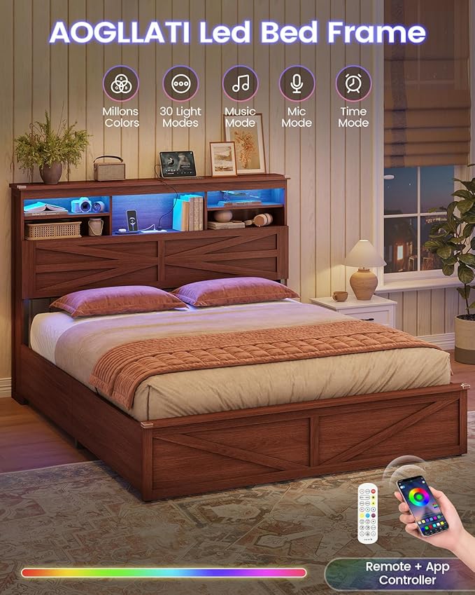 AOGLLATI Farmhouse Bed Frame Queen Size with Lift Up Storage & Hidden Bookcase Storage Headbord, Wooden Queen Bed Frame with Charging Station, Led Lights, No Box Spring Needed, Brown