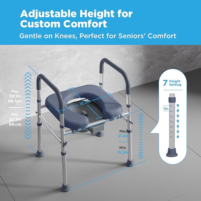 Bedside Commode for Seniors, FSA/HSA Eligible Bedside Toilet with Adjustable Width and Height, 400 LBS Weight Capacity, 16.5 Inch Extra Large Soft Seat Plate