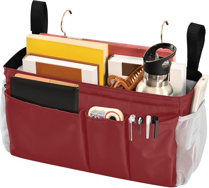 KOPIRIT Navy Red Bedside Caddy Storage Bag Bedside Organizer for College Dorm Top Bunk Bed Hanging Storage Organizer 6 Pockets with Hooks for Drinks Magazine Phone Holder
