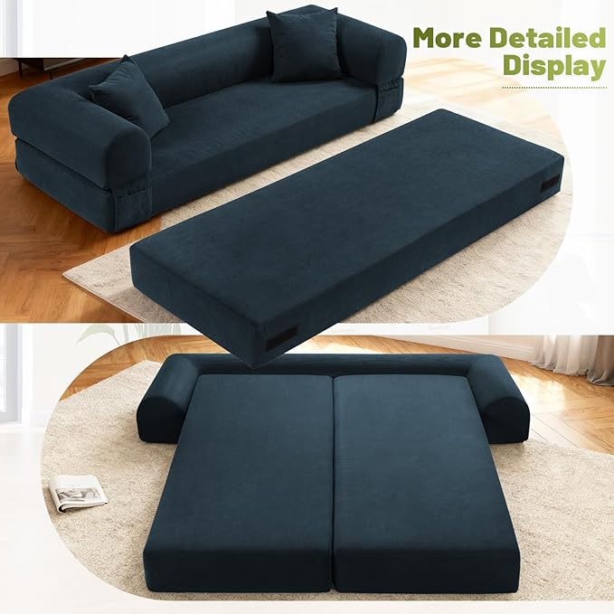 Convertible Futon Sofa Bed,80" Folding Pull Out Couch with Pillows & Storage Pocket, Oversized Queen Sleeper Sofa in a Box,Corduroy Boneless Couch for Living Room,Navy Blue