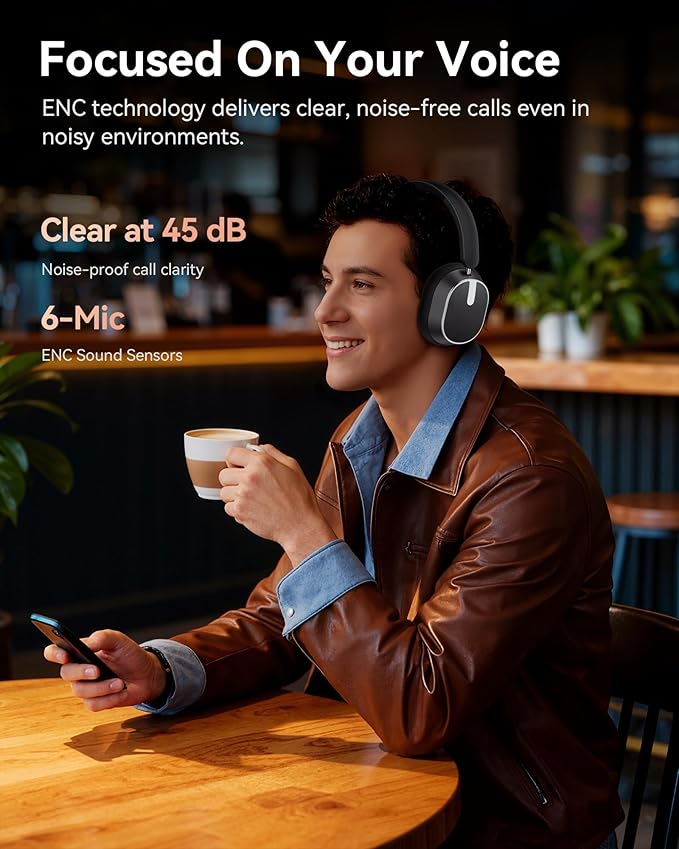 Active Noise Cancelling Headphones,120H Playtime Bluetooth 6.0 Wireless Headphones with Power Display & 6-Mic ENC Calls, 360° Spatial Audio Over Ear Headphones Foldable Headset for Travel Office Game