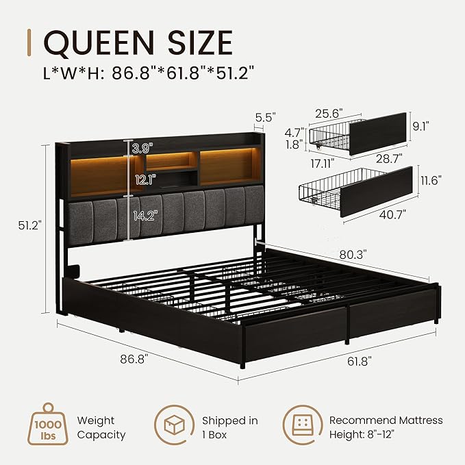 Queen Bed Frame with 6 Storage Drawers, Linen Upholstered Headboard, Built-in USB Charging Station & LED Lighting, Silent Metal Support, No Box Spring Needed, Vintage Black