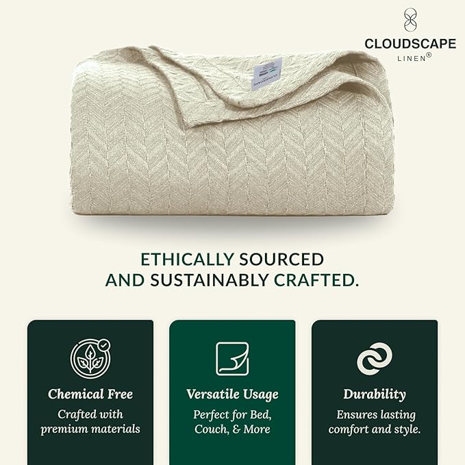 Cloud Scape Linen 100% Cotton Throw Blanket 50x70 Fog, Luxury All-Season Warmth, Ultra Soft, Oversized Herringbone Gauze Blanket for Winter, Bed, Couch & Sofa Decor, Best Gift Idea