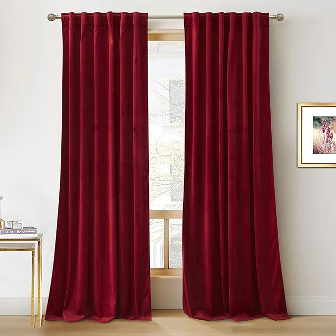 RYB HOME Red Velvet Curtains 80 inches, Back Tab Soft Fabric Room Darkening Thermal Insulated Luxurious Home Decor Curtains for Living Room Bedroom, W 52" x L 80", 2 Panels Set
