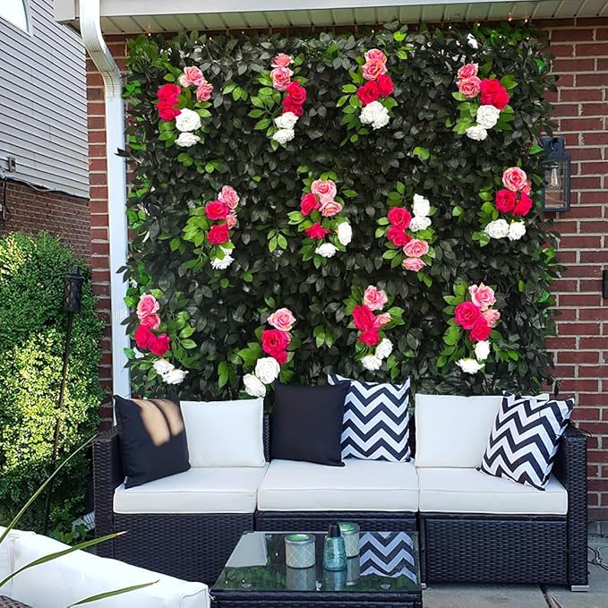 Sumery Expandable Fence Privacy Screen for Balcony Patio Outdoor,Decorative Faux Ivy Fencing Panel,Artificial Hedges (Single Sided Leaves) (4, Branches -Colorful Rose)