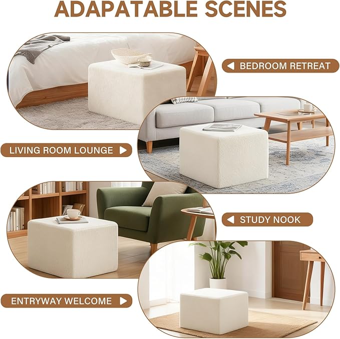 Tiita Square Stuffed Pouf Ottoman, Plush Poufs with Foam Chunk Filling, Foot Rest Stool for Living Room, Cream