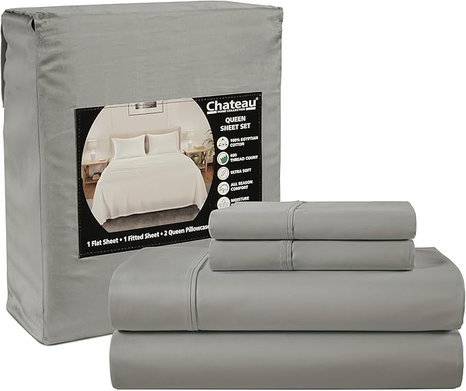 100% Egyptin Cotton Sheets Queen Size Bed Set, 400 Thread Count 15" Deep Pocket Queen Sheets, Sateen Weave 4 Piece Naturally Cool Soft Breathable Elasticated Luxury Bedding For All Seasons- Silver