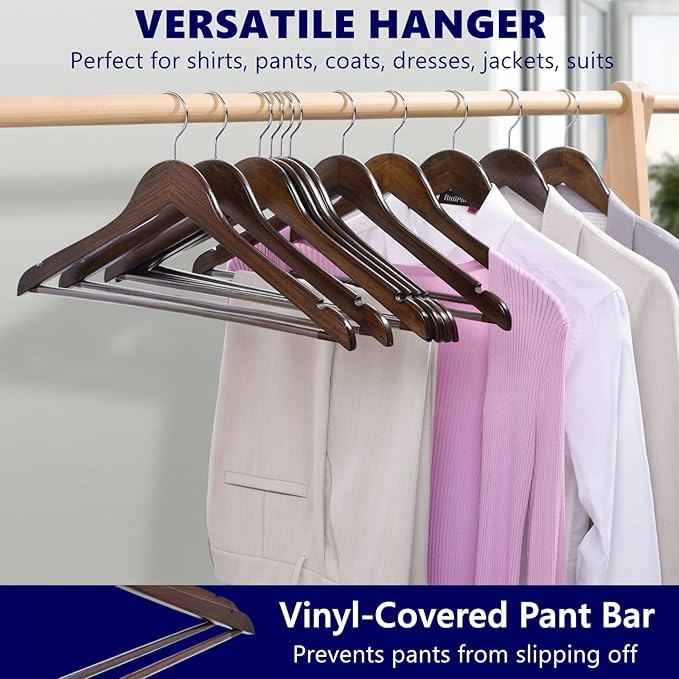 Amber Home 20 Pack Vintage Wooden Coat Hangers, Walunt Wood Suit Hangers with Non Slip Pant Bar, Clothes Hangers for Shirts, Jackets, Dress, Pant (Retro, 20)
