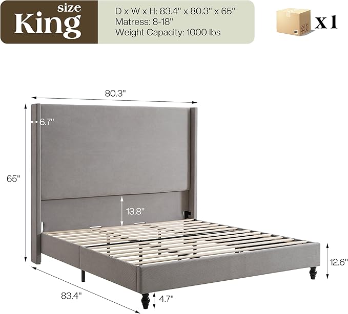 King Bed Frame with 65" Tall Headboard, Horizontal Fine Corduroy Bed Frame with Wingback, Upholstered Platform Bed, Vintage Solid Wood Gourd Legs, No Box Spring Needed, Gray