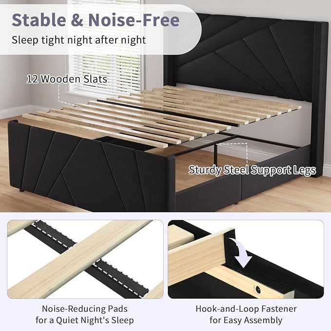 BarnFurin Queen Size Bed Frame, Velvet Upholstered Platform Bed with Geometric Tufted Headboard & Footboard, Wingback Design, Mattress Foundation with Wooden Slats, Black