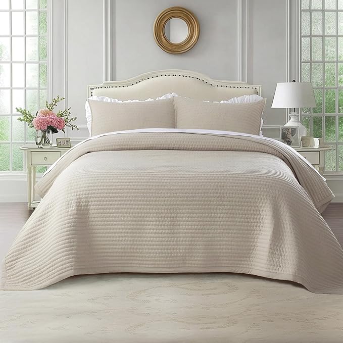 Kasentex Quilt Mini Set - Stone Washed - Super Soft Bedspread - Light Weight - - White Down Alternative Microfiber Fill - Machine Washable - Solid Colors, Full/Queen +2 Shams, Camel