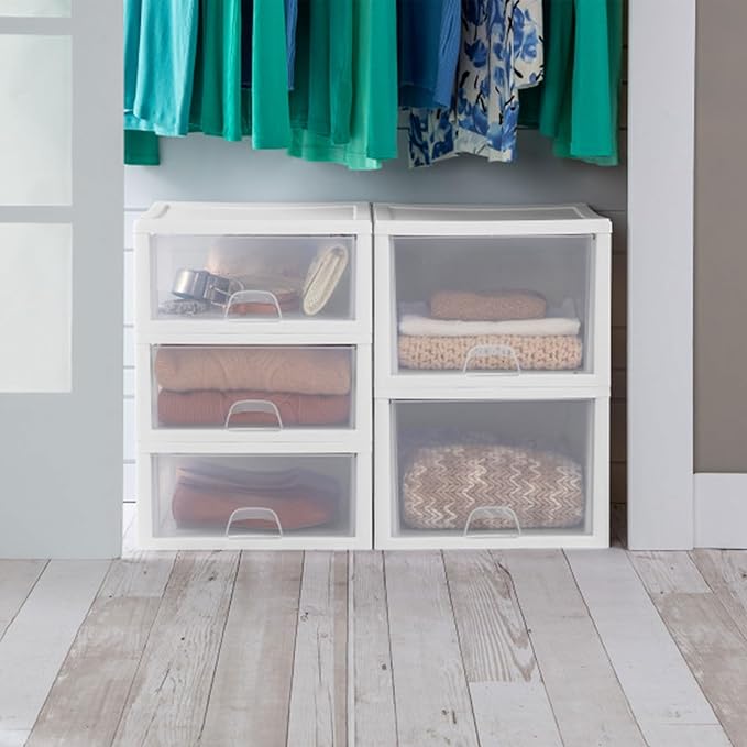 Sterilite 12-Pack 27 Quart Stacking Drawer, Clear Storage Closet Organizer, White Frame - Stackable Modular Plastic Drawers for Clothes, Accessories, Craft Supplies, Shoes or Linens