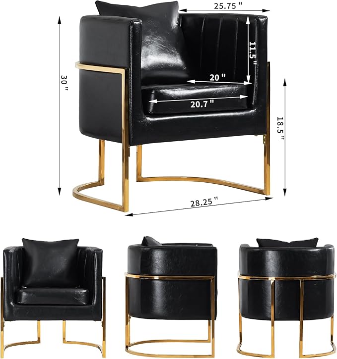Modern Leather Accent Chair, Mid Century Upholstered Barrel Armchair with Pillow for Living Room, Comfy Single Vanity Chair with Metal Gold Legs for Bedroom, Black