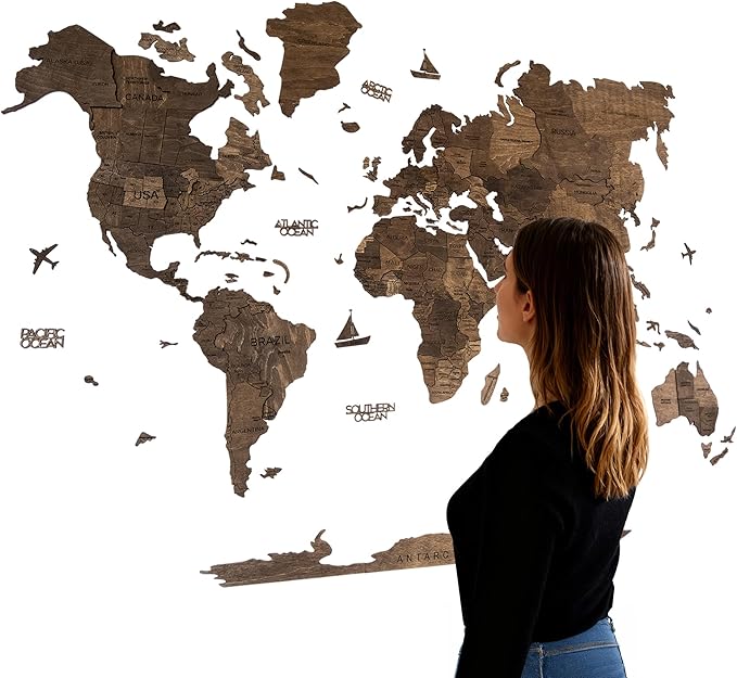 Handmade 3D Wood World Map Wall Art Large Wall Decor Track Your World Travels - Special for Home, Kitchen and Office (X-Large, Walnut)