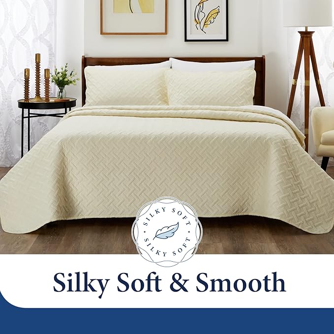 Cosy House Collection Luxury Rayon Derived from Bamboo 3-Piece Quilt Set - Ultra Soft Quilted Coverlet Bedspread - Classic Weave Stitch - Includes Quilt and 2 Pillow Shams (Full/Queen, White)
