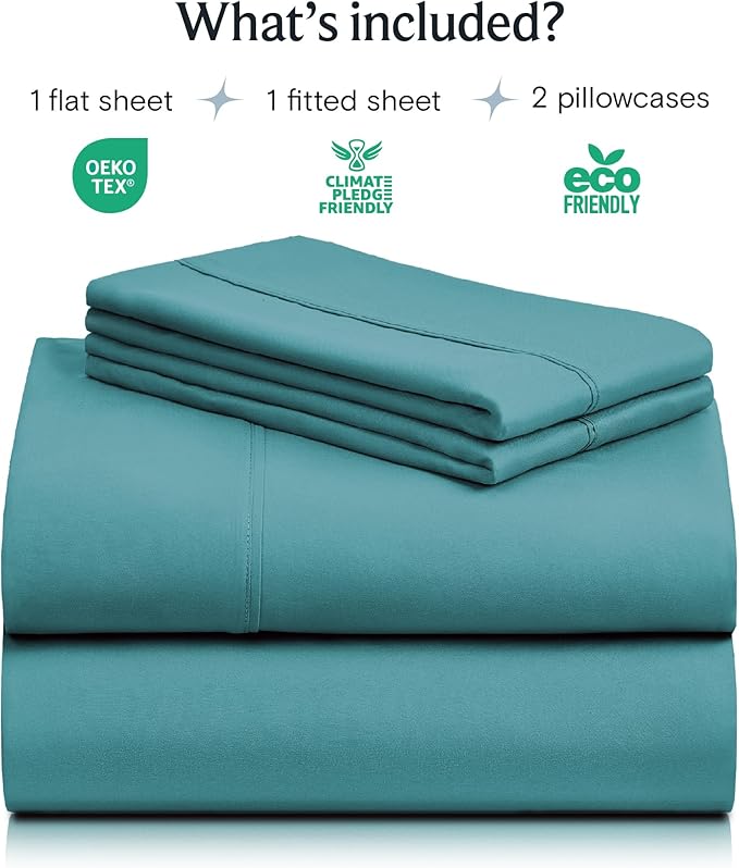 LuxClub 4 PC Full Sheet Set, Deep Pockets Wrinkle Free Cooling Bed Sheets Hotel Bedding for Women, Men, Kids & Teens, Includes 1 Fitted Sheet, 1 Flat Sheet and 2 Pillowcases-Soft Teal