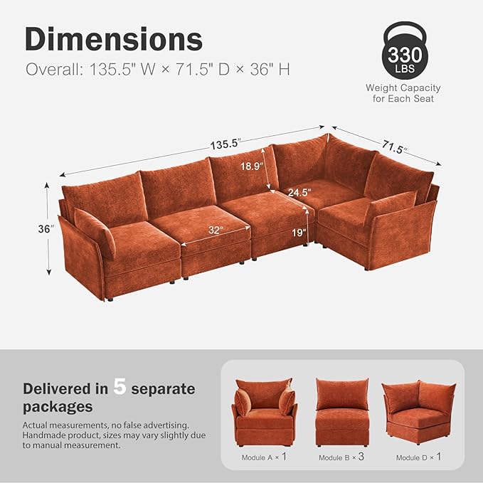 ABCASA 135.5" Oversized Modular Sectional Sofa, L Shaped Convertible Couch with Movable Ottoman, 5 Seat Corner Couches for Living Room Deep Seat Terracotta Orange Chenille