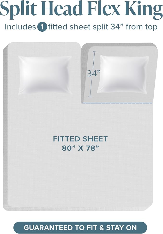 Bare Home Hotel Luxury Split Head Flex King Sheet Set, Extra Soft, Deep Pockets, Easy Fit, Cooling & Breathable, Wrinkle, Fade, Stain Resistant, with 4 Pillowcases (Split Head Flex King, Grey)
