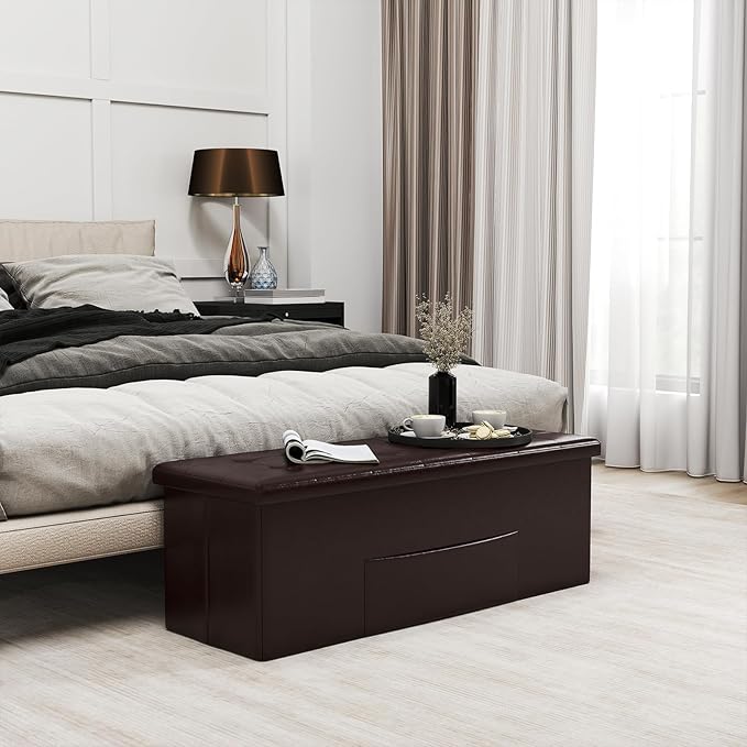 Giantex 43 Inches Folding Storage Ottoman Bench, Upholstered PU Leather Storage Chest with Side Pocket, Padded Seat, End of Bed Bench, Collapsible Ottoman Foot Rest for Living Room, Bedroom & Entryway