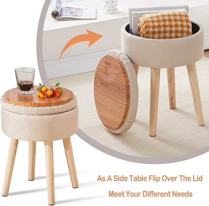 Mxfurhawa Storage Ottoman Linen Round Vanity Stool Tray Top Modern Foot Stool with Wood Legs Multifunctional Upholstered Foot Ottoman Rest for Living Room, Bathroom, Makeup (Beige)