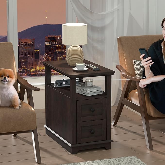 HIFYOBRO Narrow End Table with Flip Top Charging Station, Side Table with 2 Drawers, Type-C & USB Port & Power outlets, Wooden Storage Cabinet, Side Table with Storage for Living Room and Bedroom