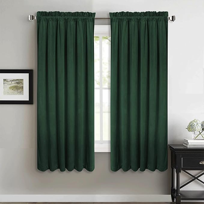 StangH Christmas Dark Green Velvet Curtains - Rod Pocket Short Kitchen Window Curtains 63-inch Length Room Darkening Green Blackout Drapes for Bedroom, W52 x L63, 2 Panels