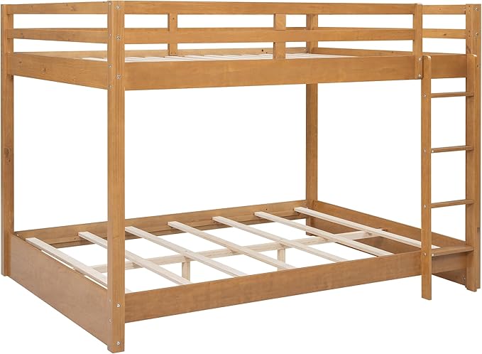 Bellemave Queen Over Queen Size Bunk Bed for Kids/Adults,Solid Wood Bunk Bed Frame Queen Size with Ladder & Safety Guardrails,Wood Color