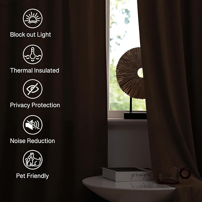 StangH Brown Velvet Curtains Luxurious Thermal Insulated Drapes for Living Room & Bedroom, Soft Noise Reducing Light Blocking Curtains Elegant Home Decor, W52 x L92, 2 Panels