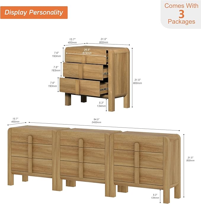 WAMPAT 3 in 1 9 Drawer Dresser for Bedroom, 94.5" Wide Mid Century Modern Wide Chest of Drawer, Wood Tall Nightstand with Curved Edge Handles, Closet Dresser TV Stand for Bedroom, Light Walnut