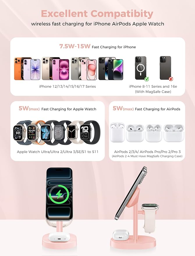 2025 3 in 1 Wireless Charging Station for Apple MagSafe Charger, 15W Fast Mag-Safe Charger Stand for iPhone 17 16 15 14 13 12 Apple Watch AirPods Compatible with MagSafe, Pink