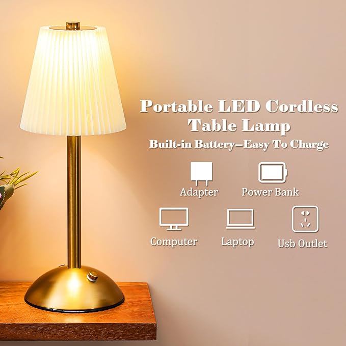Liliful 2 Pcs Cordless Table Lamp Rechargeable Touch LED Small Gold Portable Battery Operated USB-c Desk Lamp 3 Color Dimmable for Bedroom Living Room Dining (Gold,Beige Cloth Style)