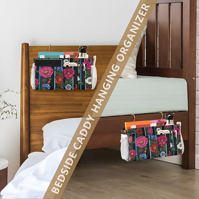 Bedside Caddy Hanging Bunk Bed Caddy Bed Organizer Hanging Pocket with 2 Hooks Bedside Storage Organizer Pocket Bag Holder Mexican Flowers Stripe