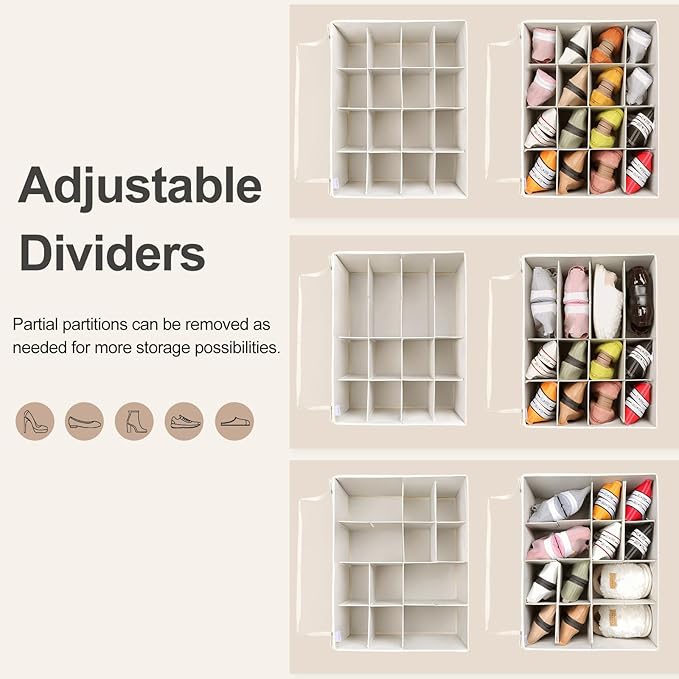 Shoe Organizer for Closet 2 Pack, Foldable Shoe Box with Adjustable Dividers and Clear Cover, Space Saving Shoe Storage Organizer Cabinet with Reinforced Handles, Fits 32 Pairs Beige TP12Y